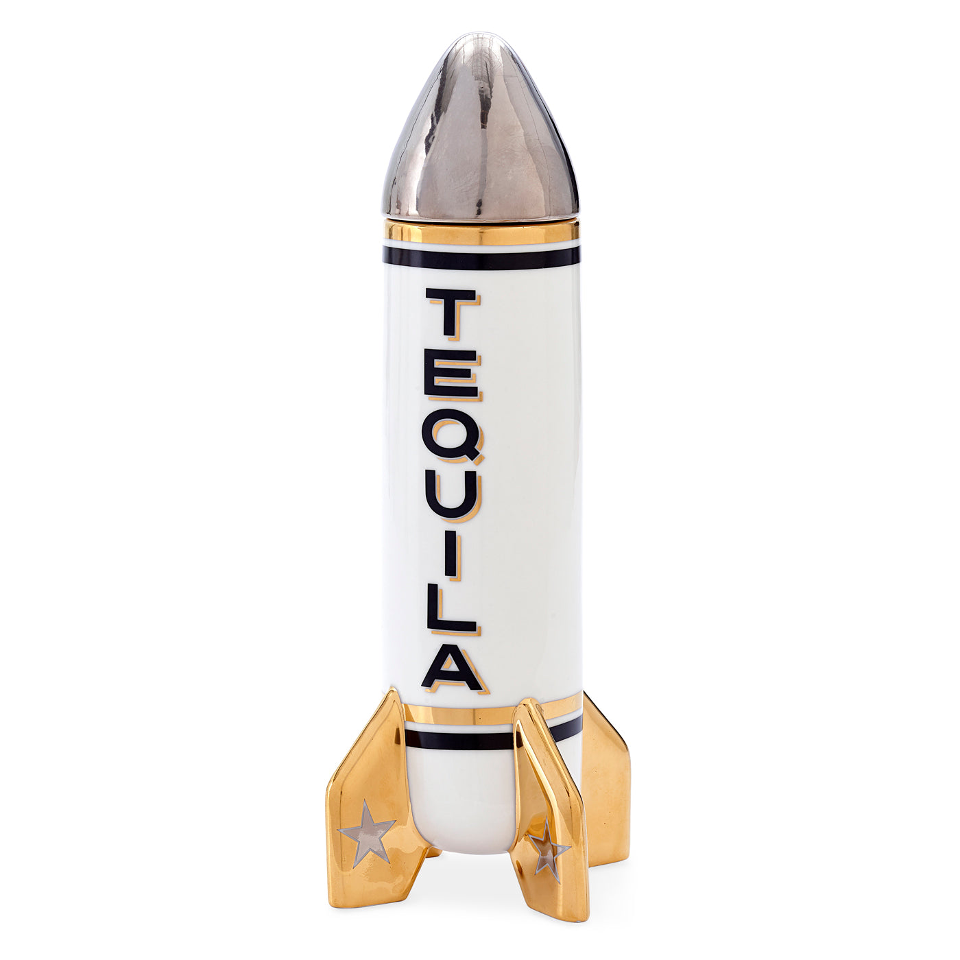 tequila rocket decanter porcelain black gold silver - front view