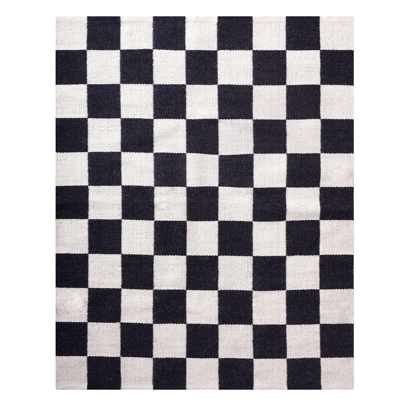 large scale checkerboard flat weave rug wool black white - front view