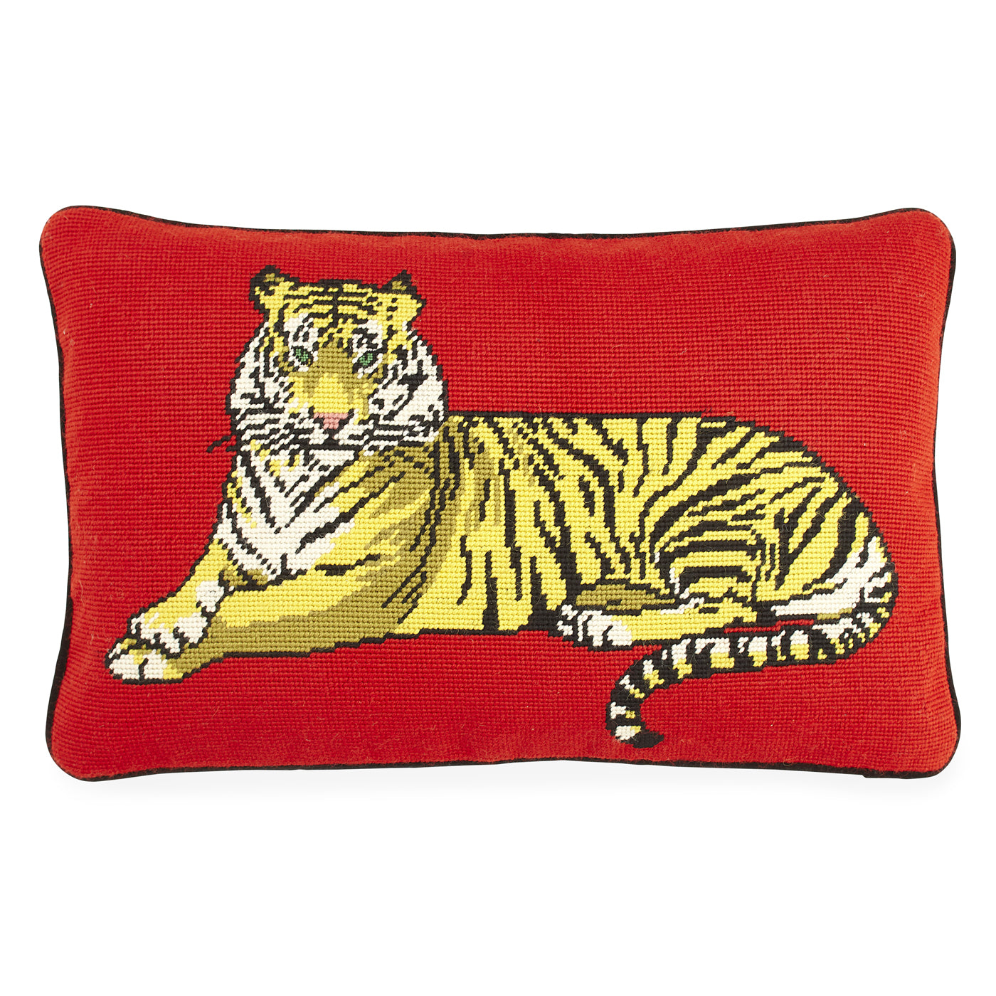 safari needlepoint pillow wool red orange - front view