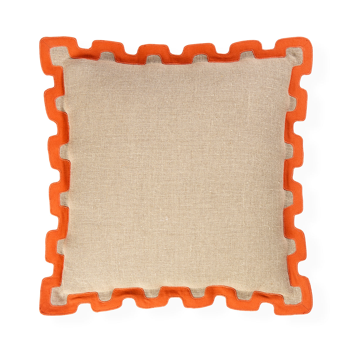 A square throw pillow with a textured beige linen-like center and a bright orange interlocking puzzle-style border, shown on a plain white background.