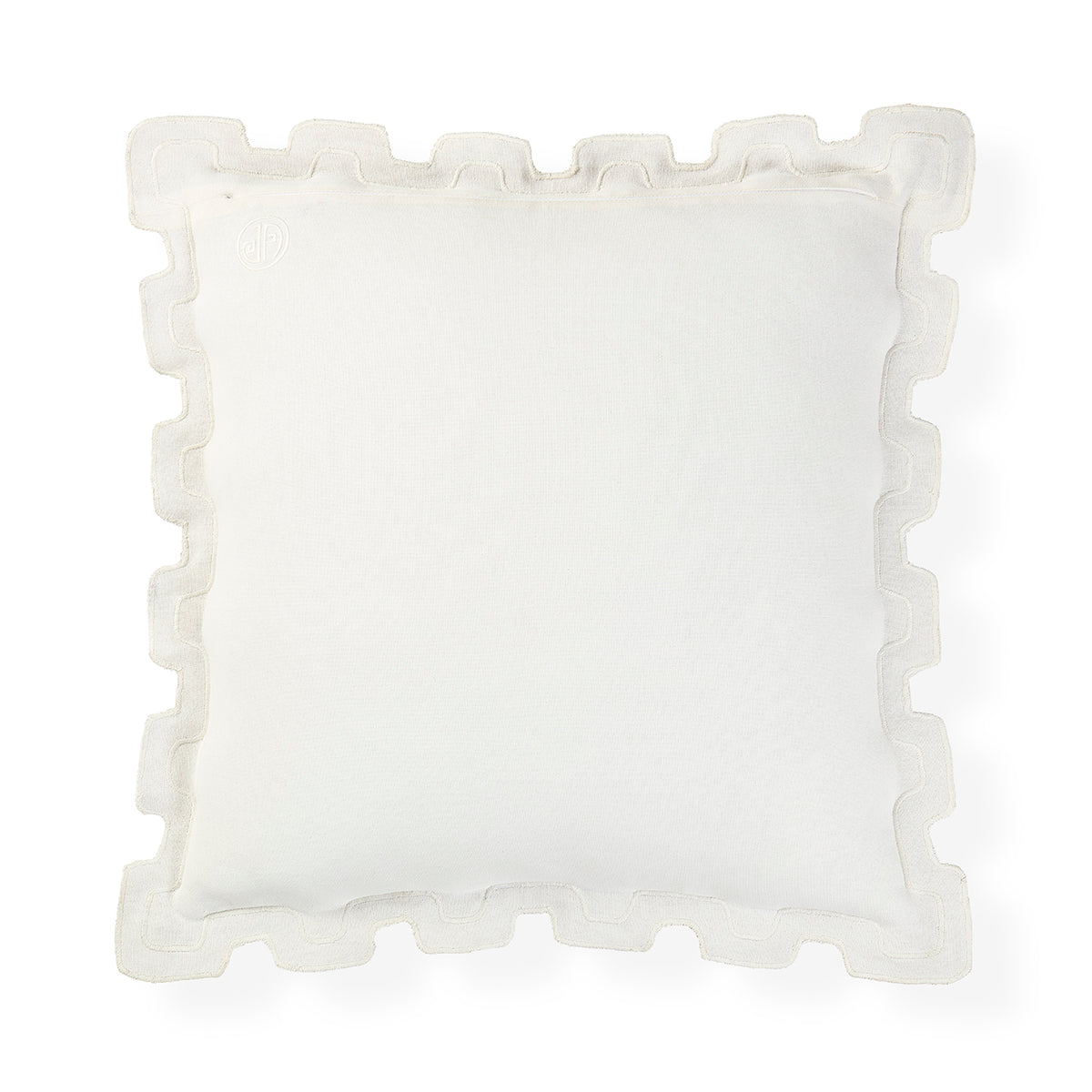 A square white throw pillow with a decorative scalloped ruffled border, shown against a plain white background.
