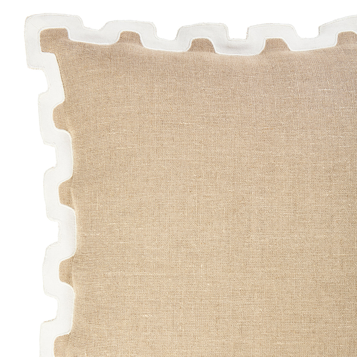Close-up of a beige woven cushion or pillow with interlocking foam edges visible along the left and top sides, on a white background.