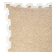 Close-up of a beige woven cushion or pillow with interlocking foam edges visible along the left and top sides, on a white background.
