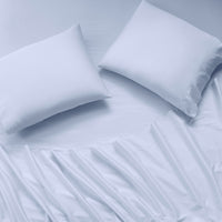 sateen sheet set light blue - styled view