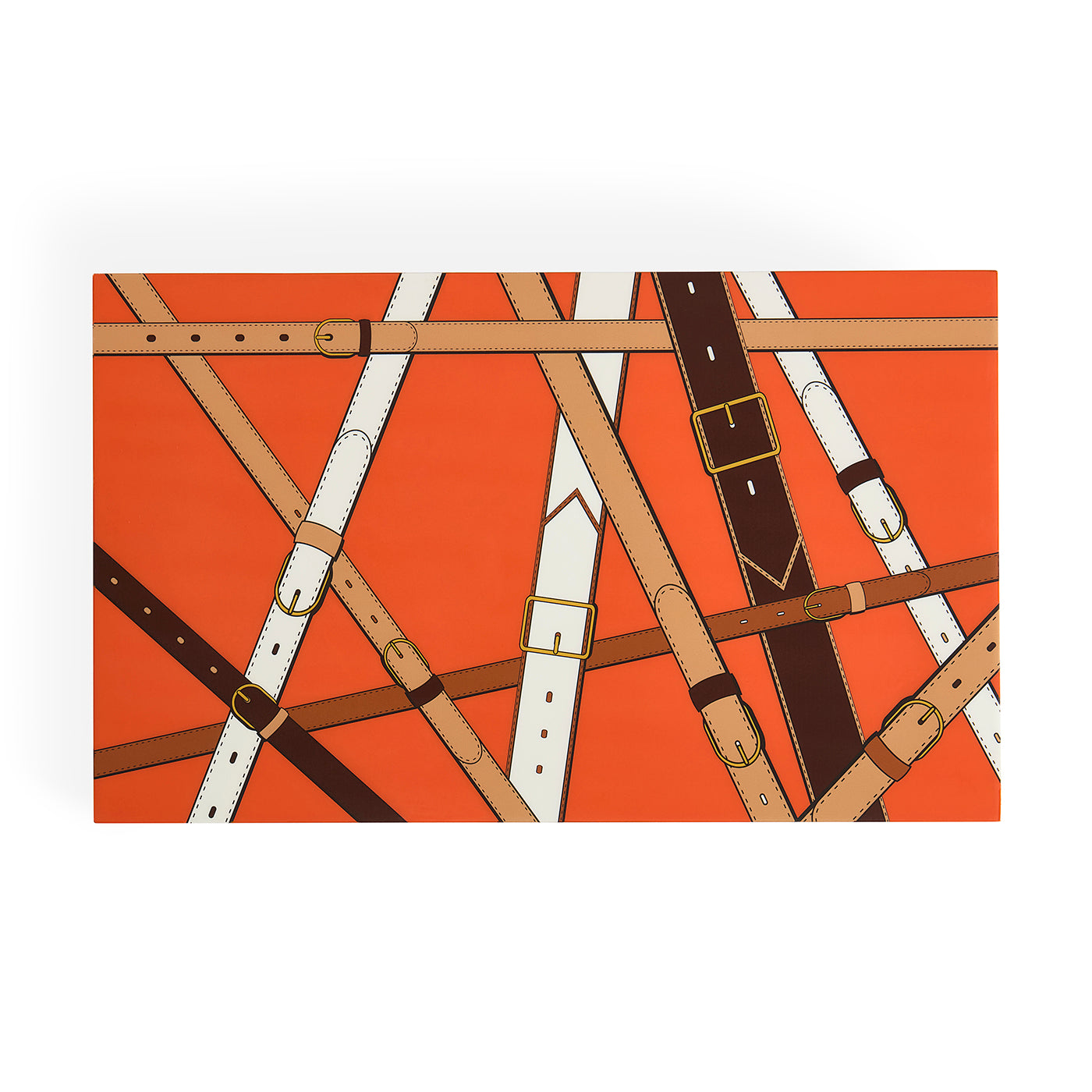 A rectangular canvas wall art print featuring an abstract pattern of overlapping leather straps in tan, brown, white, and dark brown on a solid orange background, shown against a plain white wall.