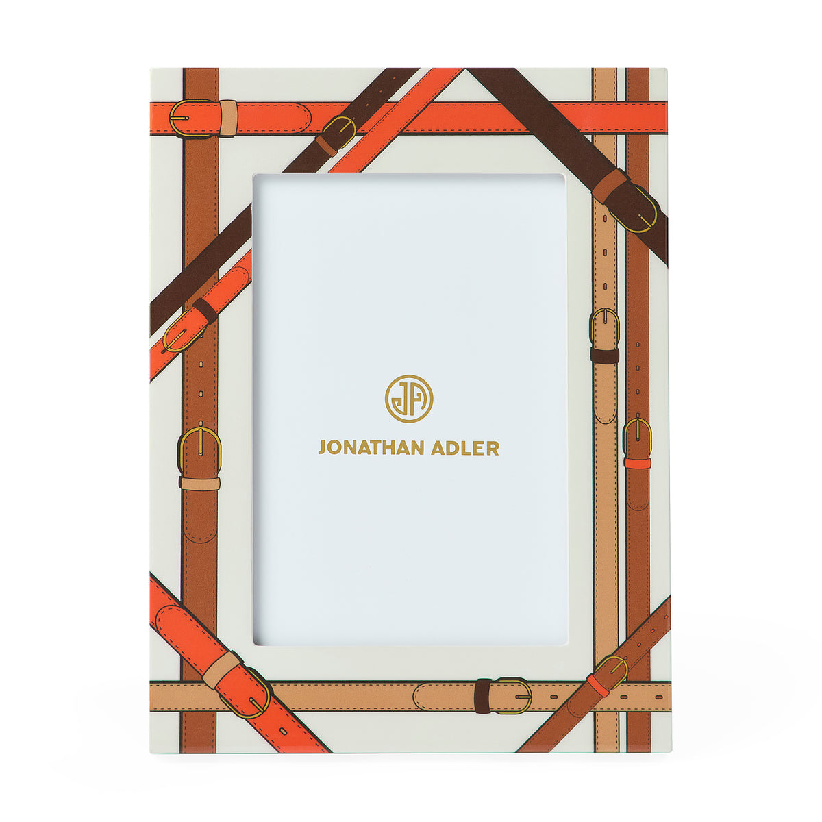 A personalized picture frame featuring an illustration of leather straps and buckles in brown, tan, and orange-red on a white background. The center is a light blue photo insert printed with the gold logo and name of Jonathan Adler.