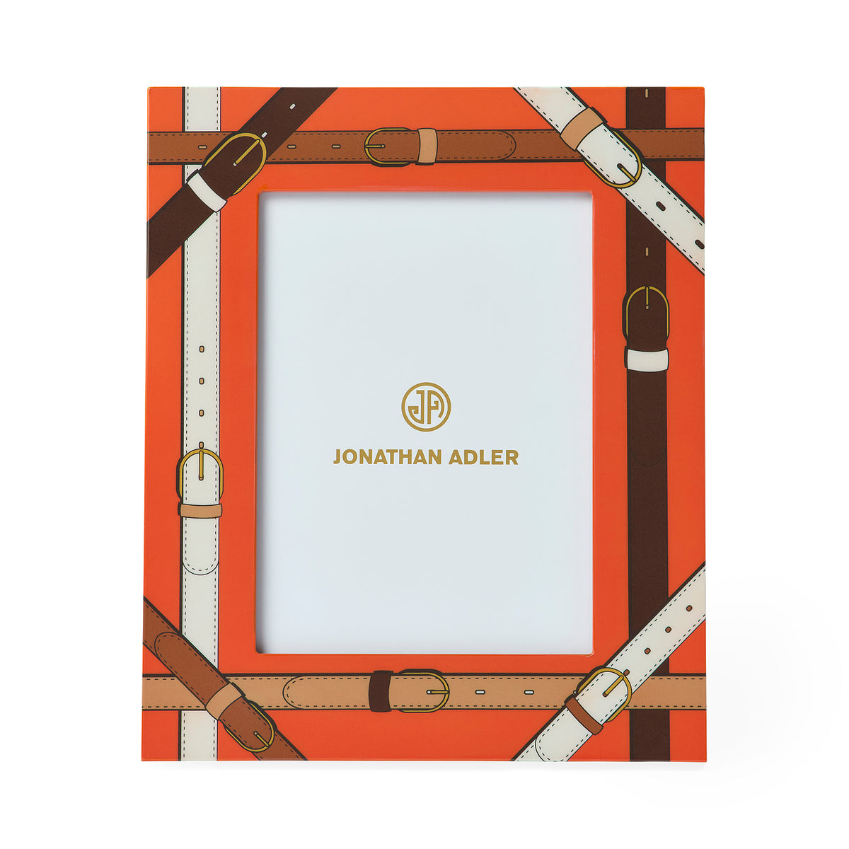 Jonathan Adler picture frame featuring an orange background with a leather-buckle pattern in brown and cream, surrounding a white insert with gold branding.