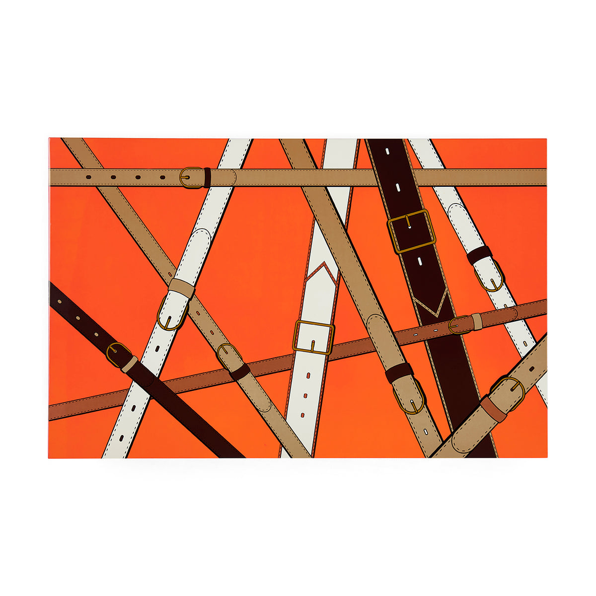 A square art print featuring an abstract pattern of overlapping leather straps in beige, brown, white, and black over a vibrant orange background, presented on a clean white canvas.