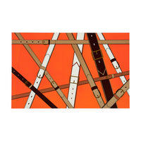A square art print featuring an abstract pattern of overlapping leather straps in beige, brown, white, and black over a vibrant orange background, presented on a clean white canvas.