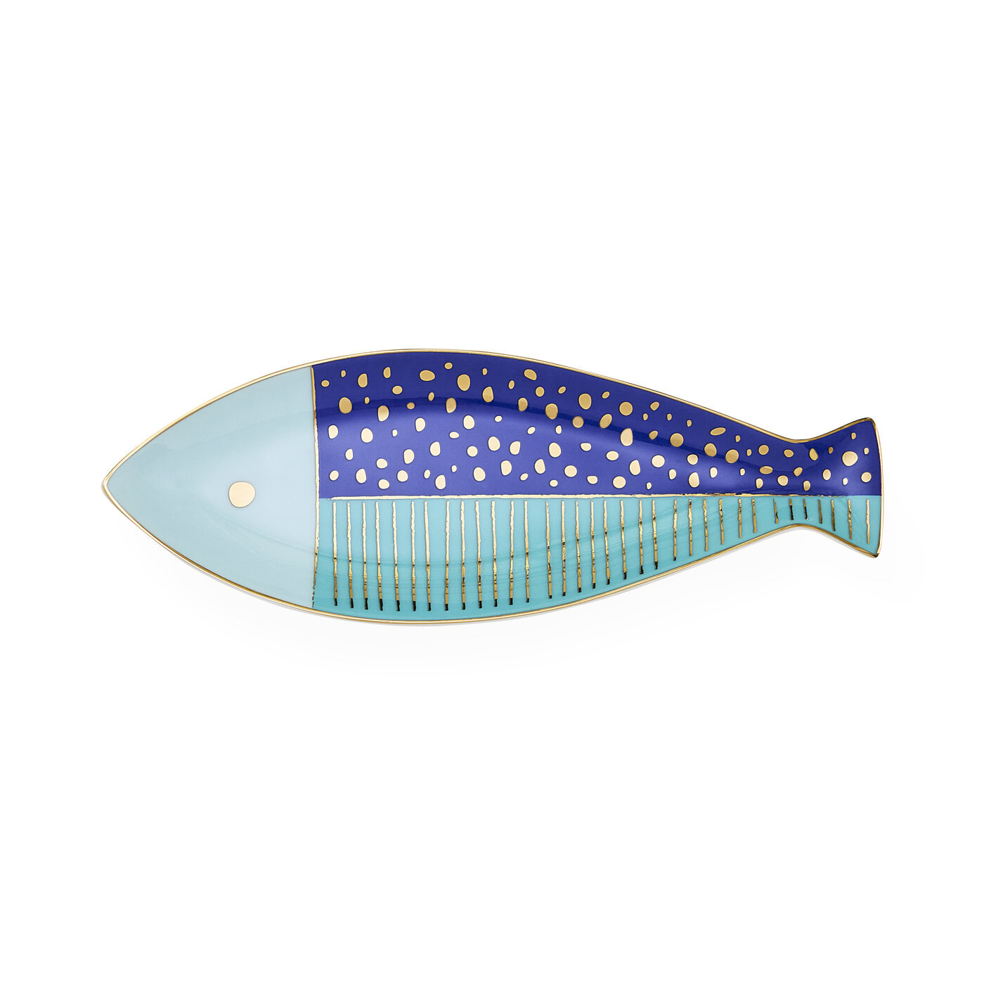 Decorative fish-shaped plate with blue and gold design on a white background