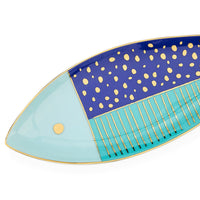 Decorative plate with blue and green design on a white background