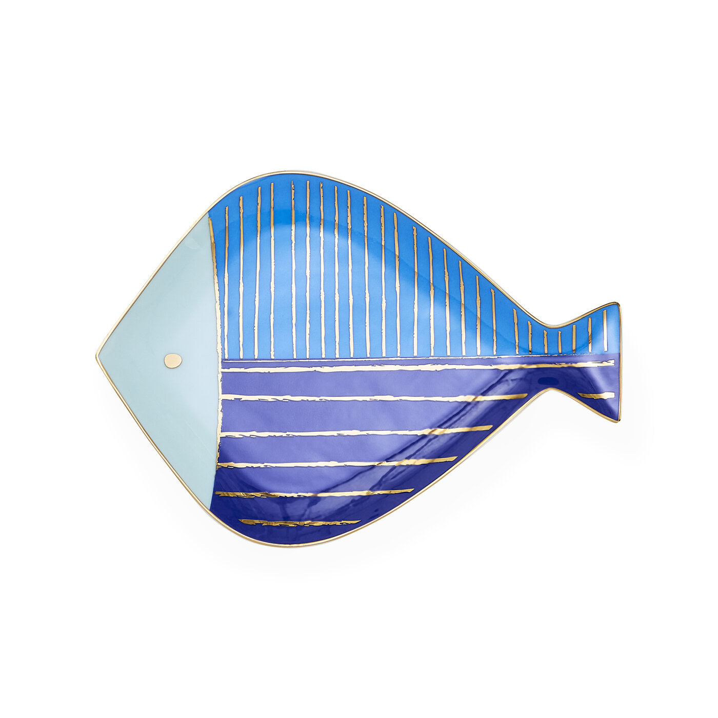 Fish-shaped plate with blue and gold design on a white background