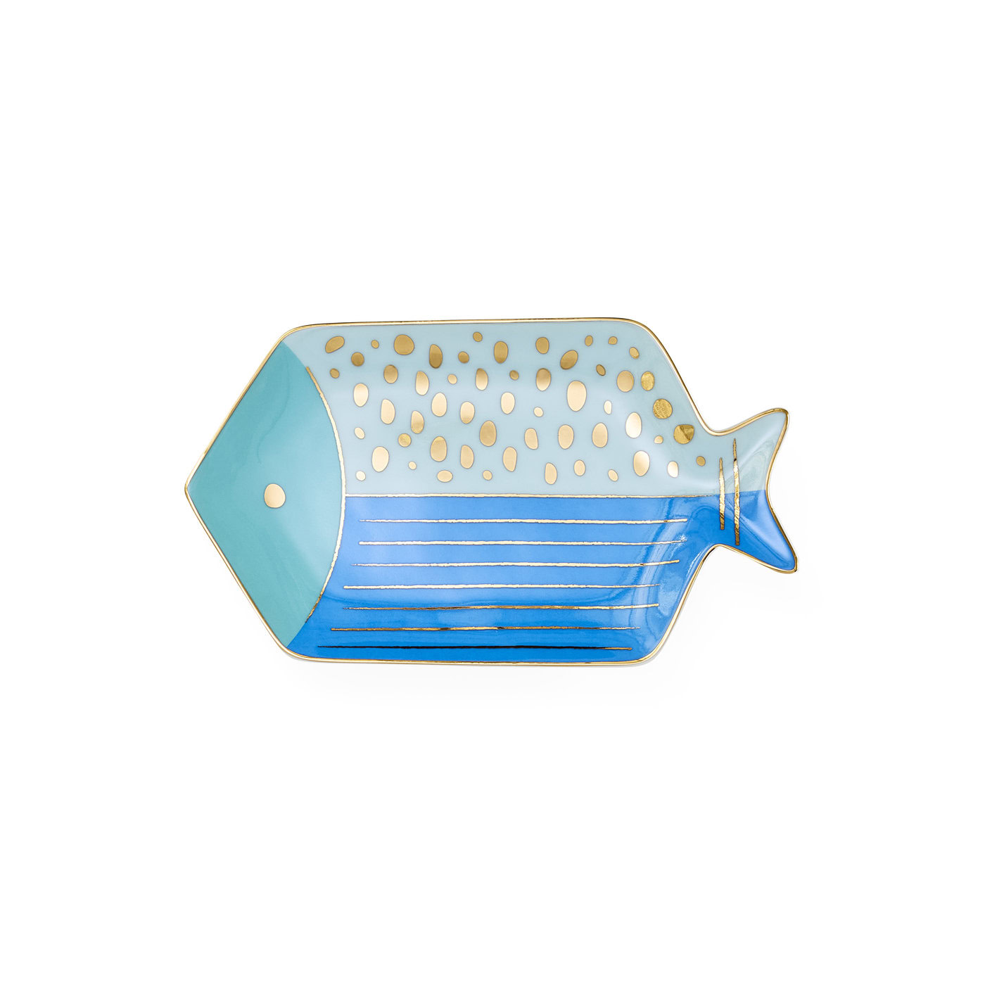 Fish-shaped blue and gold decorative plate on a white background