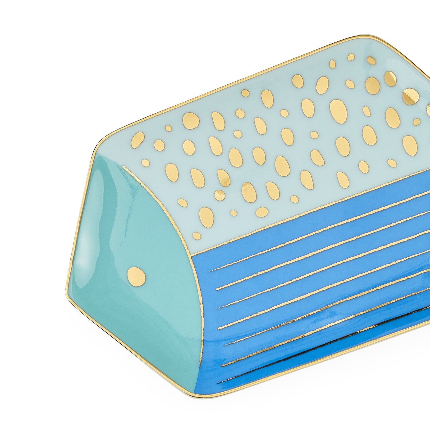 Rectangular ceramic dish with blue and beige pattern on a white background