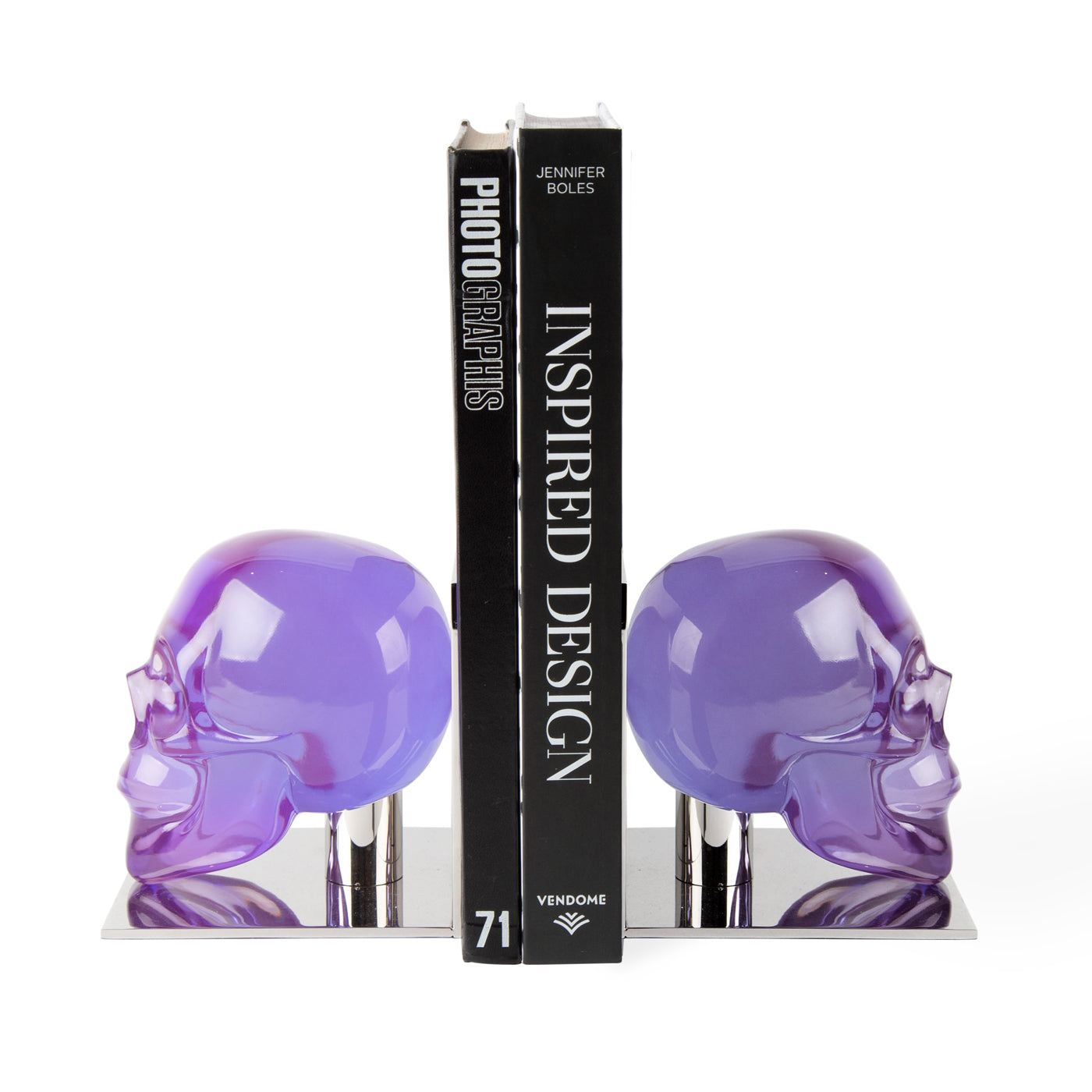 skull bookends set acrylic purple frame nickel with books - front view