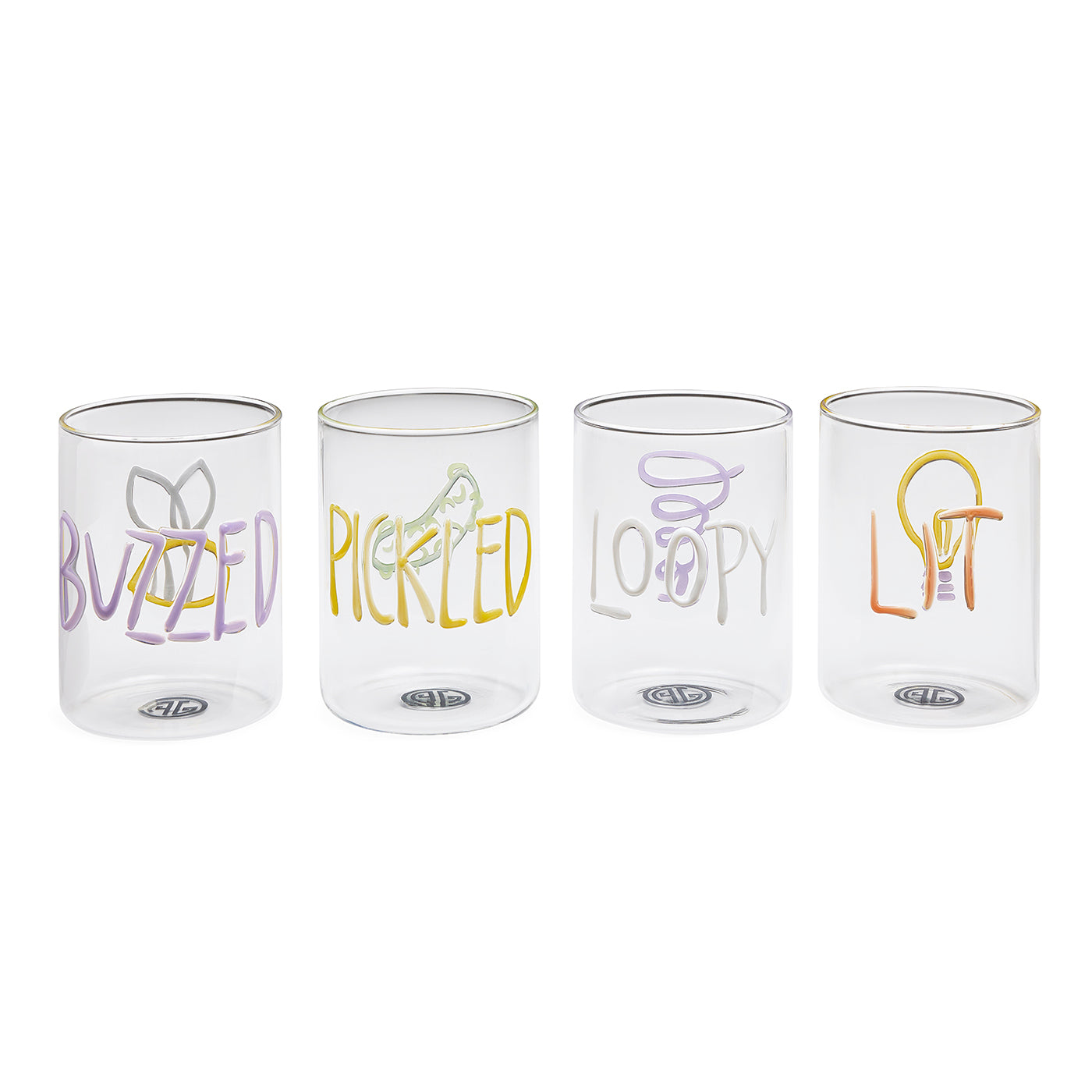 Four clear drinking glasses lined up in a row on a white background, each with a different colorful hand-drawn style graphic and word: a butterfly and 'BUZZED', a pickle and 'PICKLED', a halo and 'LOOPY', and a lightbulb and 'LIFT'.
