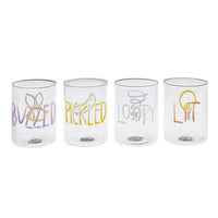 Four clear drinking glasses lined up in a row on a white background, each with a different colorful hand-drawn style graphic and word: a butterfly and 'BUZZED', a pickle and 'PICKLED', a halo and 'LOOPY', and a lightbulb and 'LIFT'.