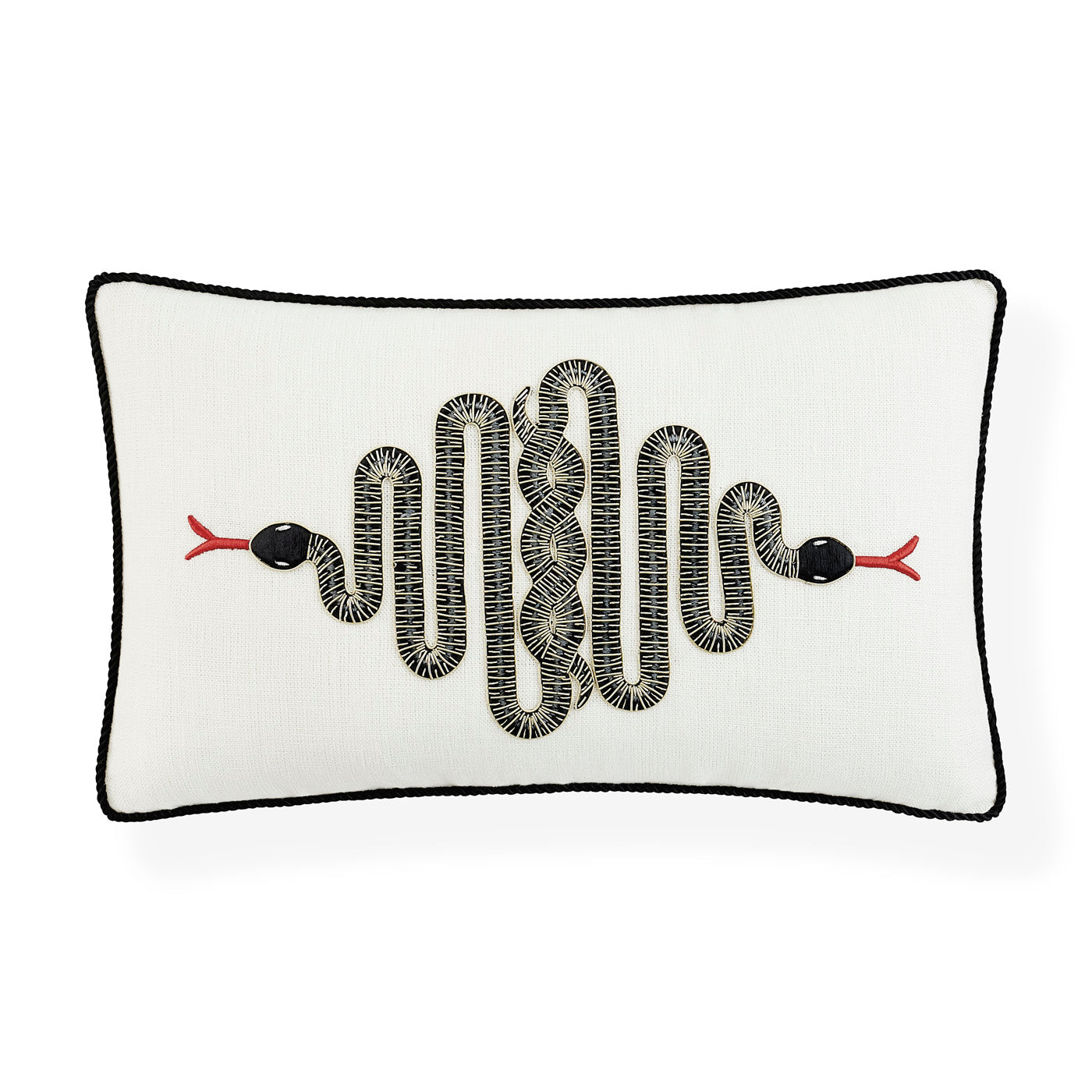 snake embroidered pillow black and white - front view
