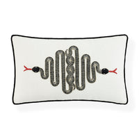 snake embroidered pillow black and white - front view