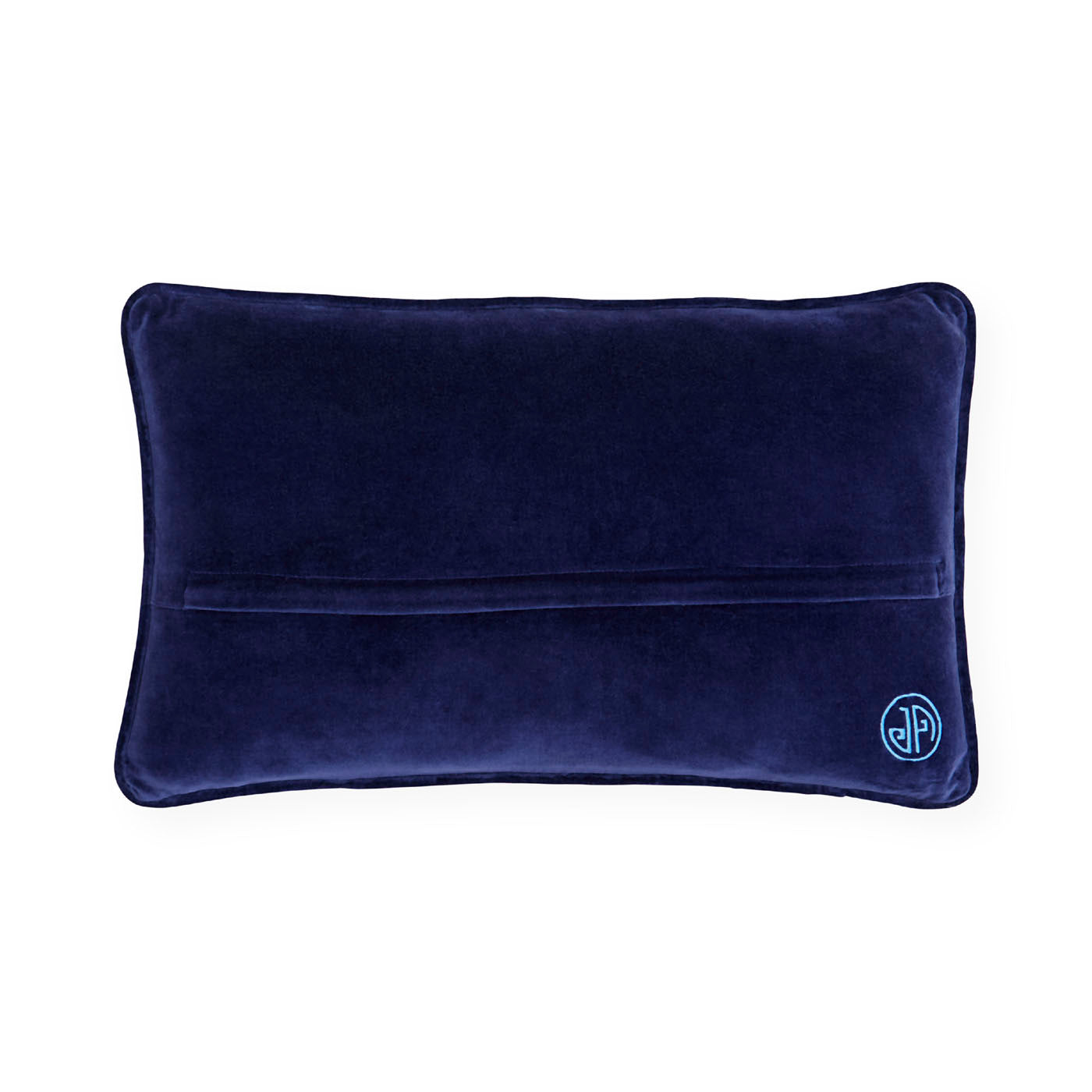 Navy blue pillow with a brand logo on a white background