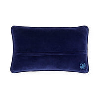 Navy blue pillow with a brand logo on a white background