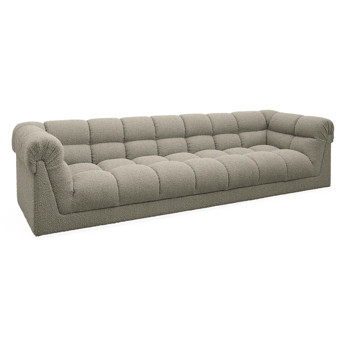Gray tufted sofa on a white background
