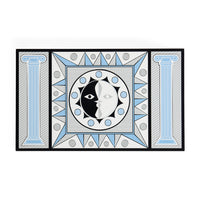 A rectangular decorative tile or art panel featuring a symmetrical geometric design with a central sun-and-moon face, blue and gray accents, and classical column motifs on either side, shown against a plain white background.