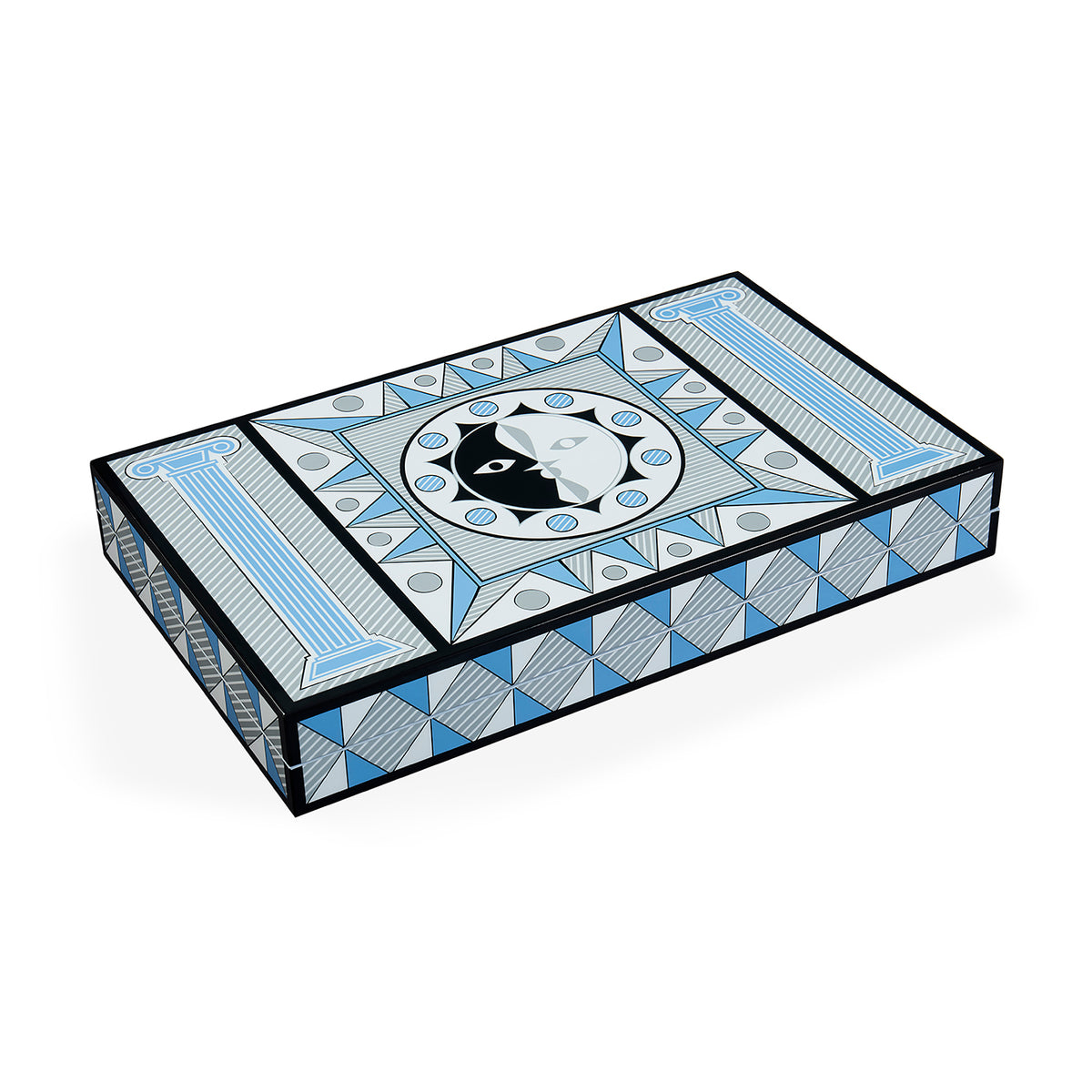 A rectangular box with an intricate geometric pattern in light blue, gray, black, and white, featuring a central circular emblem with a stylized face.
