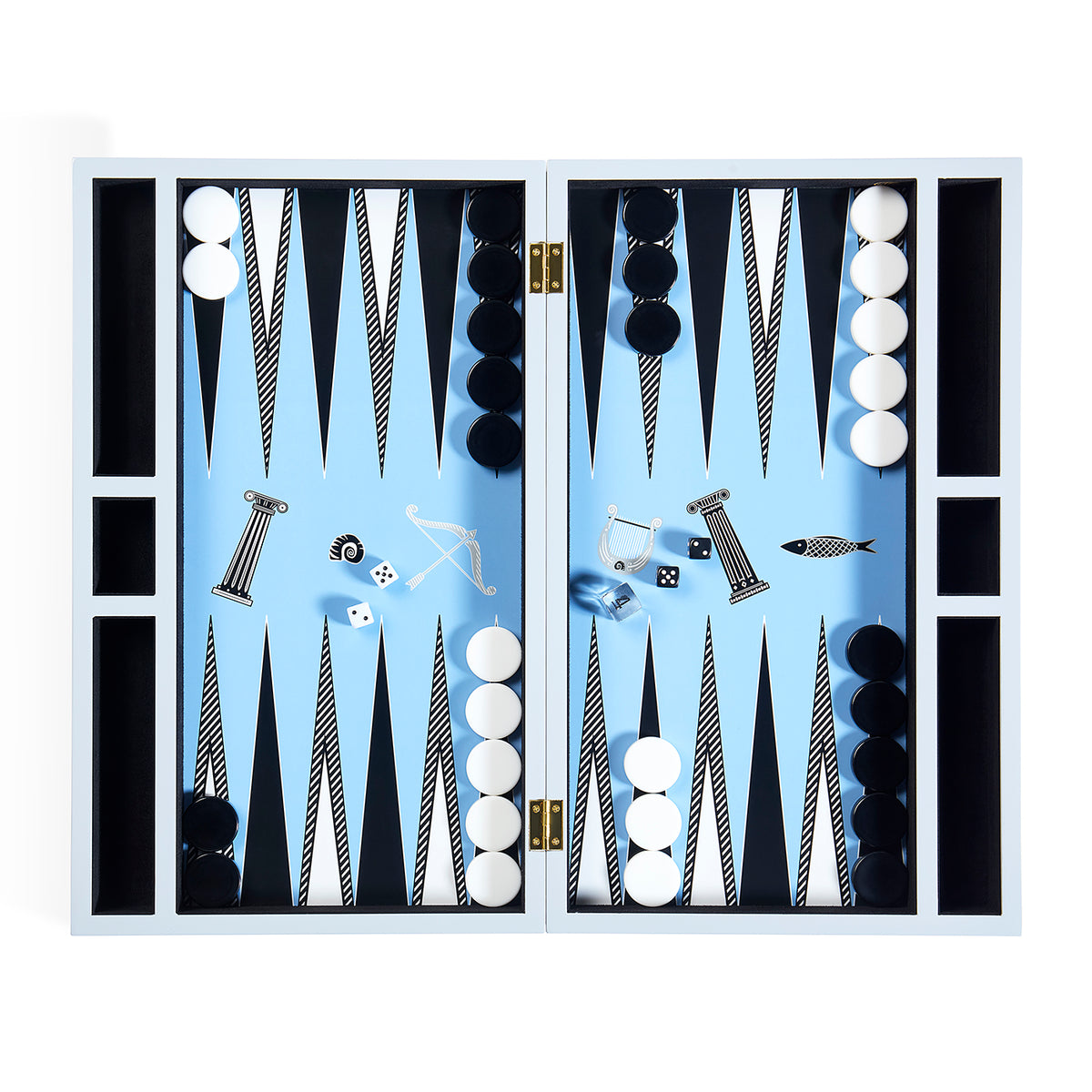 A fully set up backgamol with a light blue playing field, black and white checkers, and various game pieces arranged symmetrically inside an open white wooden case.
