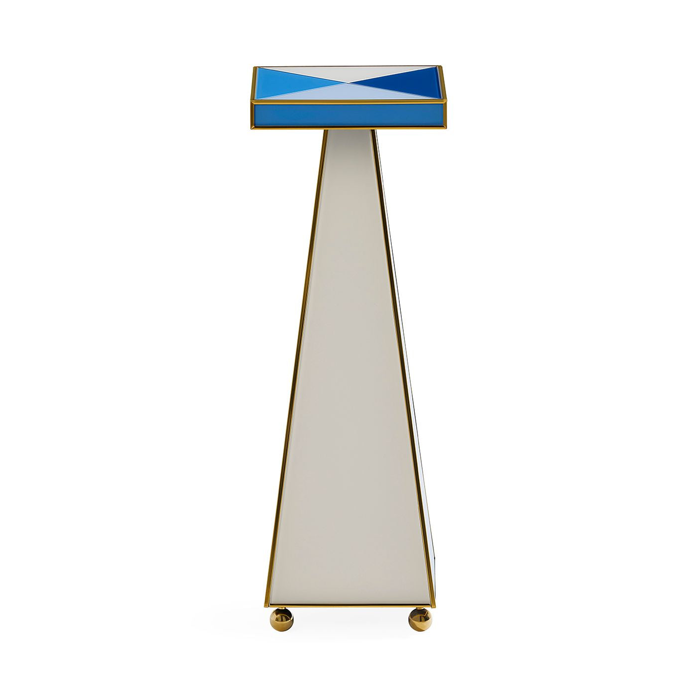 A modern sculptural side table or console with a tapered white and gold frame, featuring a rectangular top inset with a blue and white saltire design, shown on a plain white background.