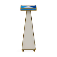 A modern sculptural side table or console with a tapered white and gold frame, featuring a rectangular top inset with a blue and white saltire design, shown on a plain white background.