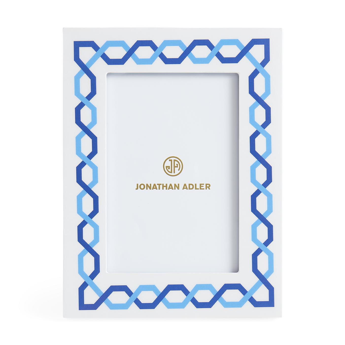 Decorative picture frame with blue geometric pattern and Jonathan Adler logo on a white background