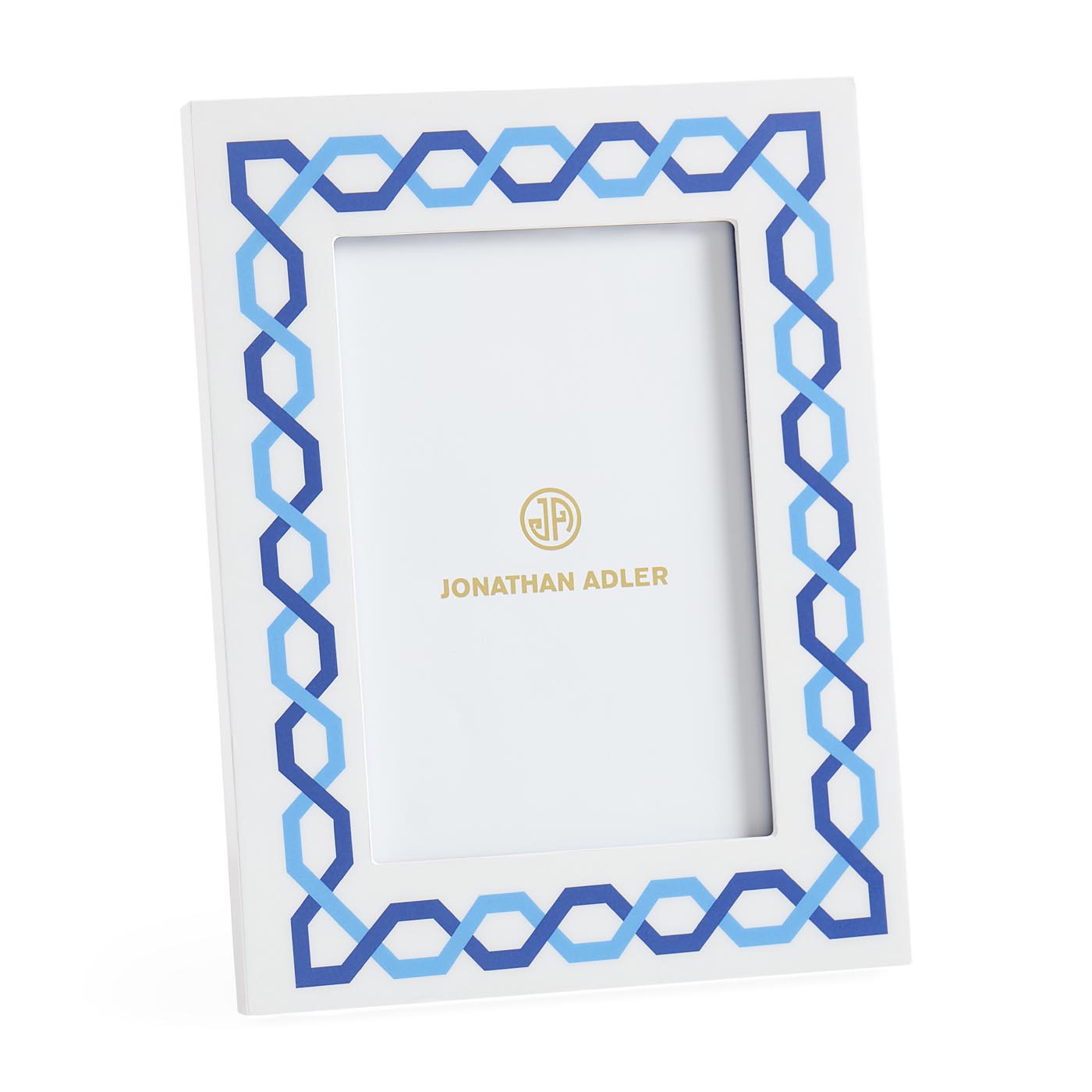 Decorative picture frame with blue and white geometric pattern on a white background, featuring the Jonathan Adler logo.