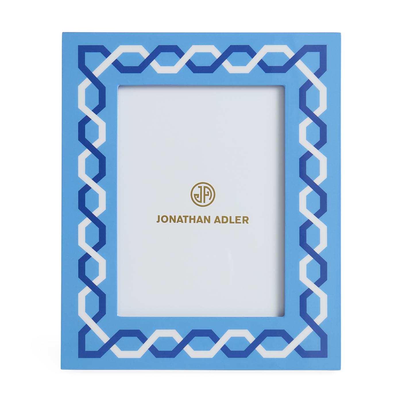 Blue decorative photo frame with Jonathan Adler logo on a white background