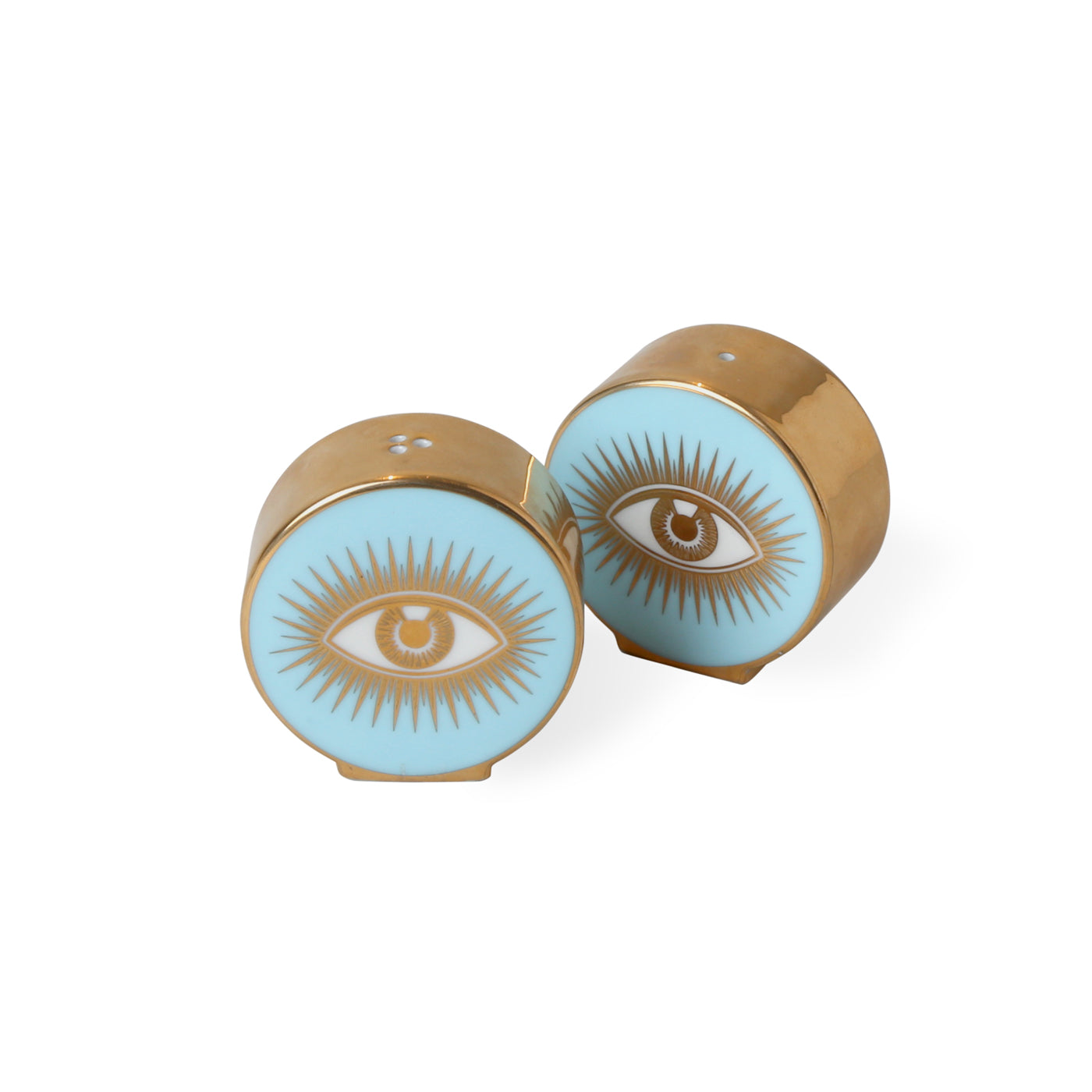 le wink salt and pepper set porcelain blue gold - angle view