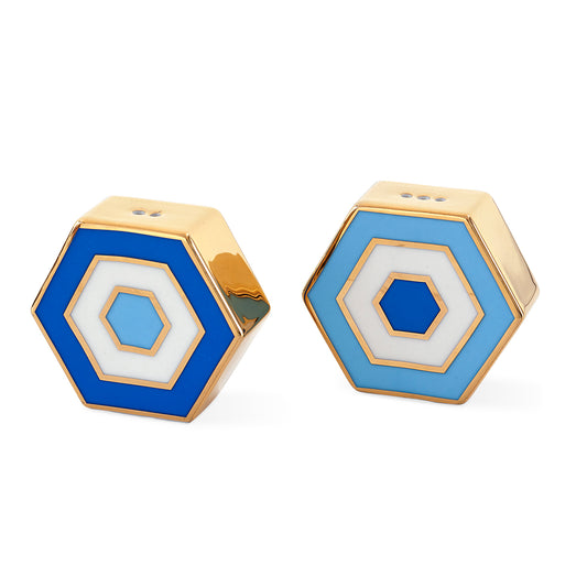 newport salt  and pepper set porcelain blue gold - angle view