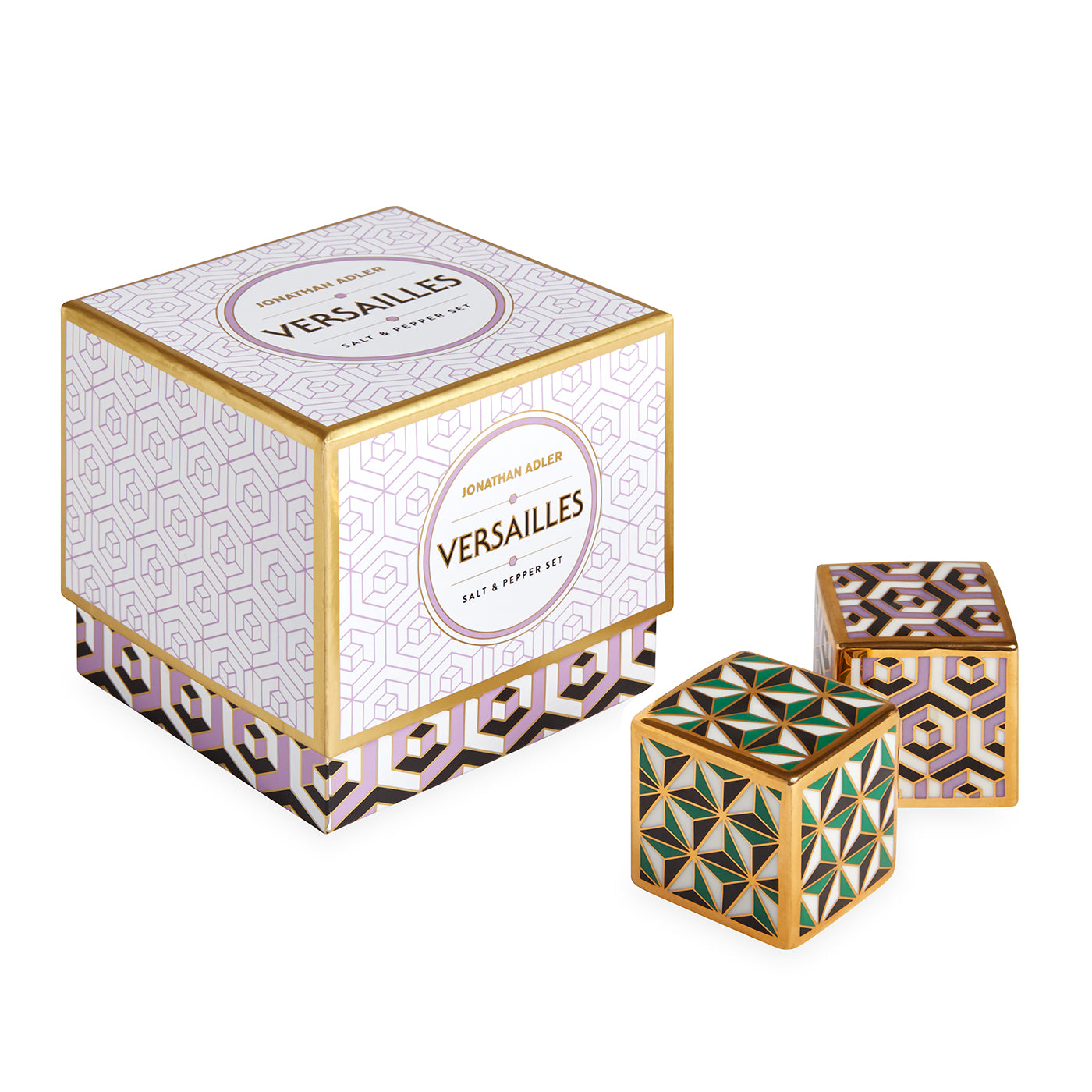 versailles salt and pepper set porcelain purple green with box - angle view