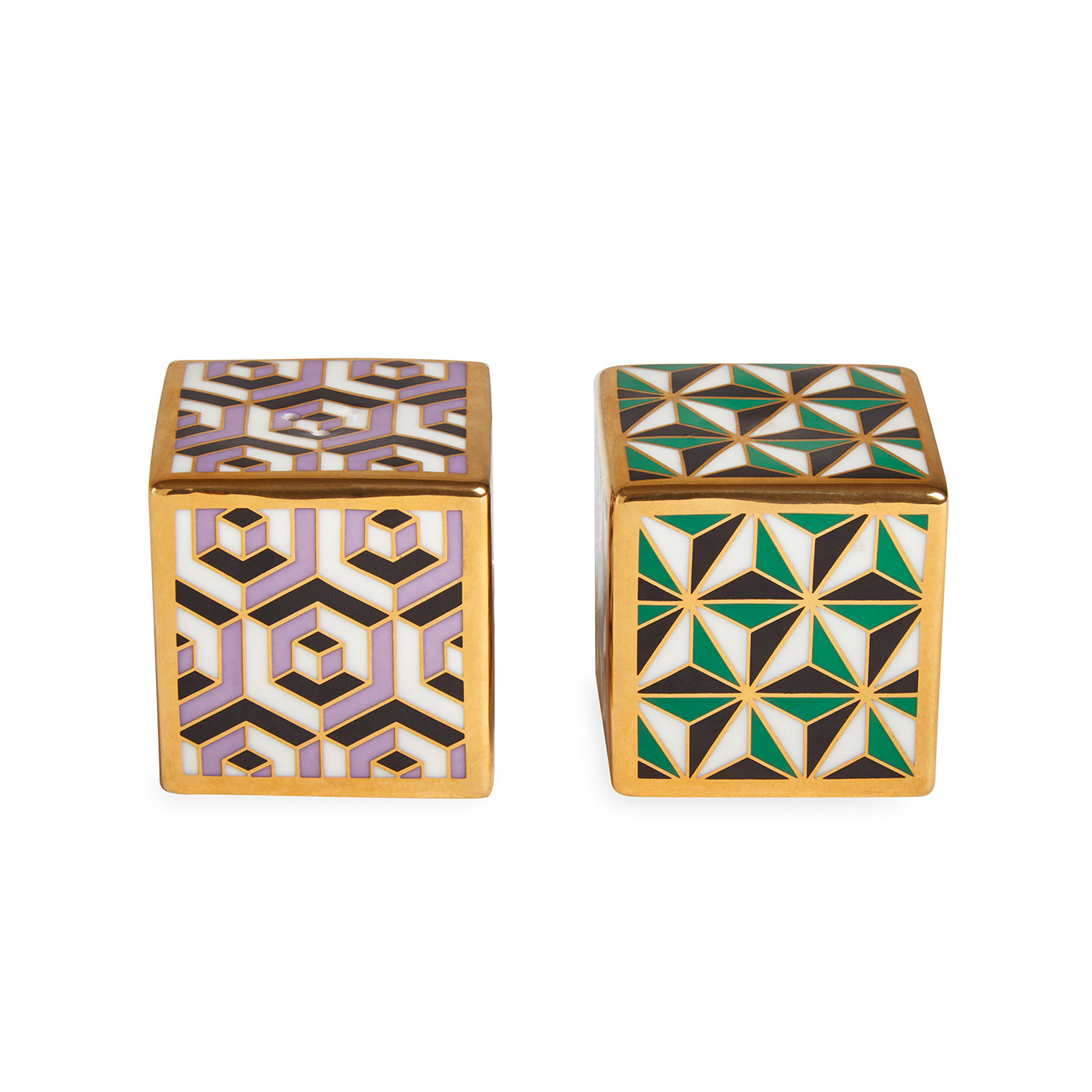 versailles salt and pepper set porcelain purple green - front view