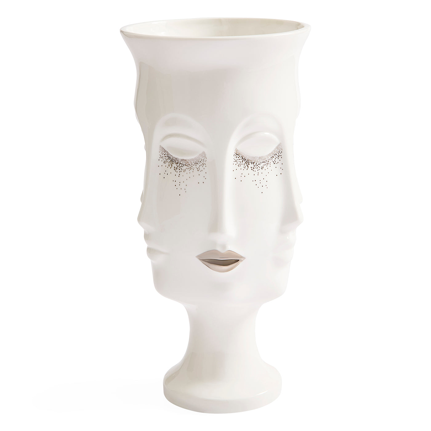 A white ceramic vase sculpted in the shape of a stylized female face with closed eyes and delicate silver glitter accents around the eyes, set against a plain white background.