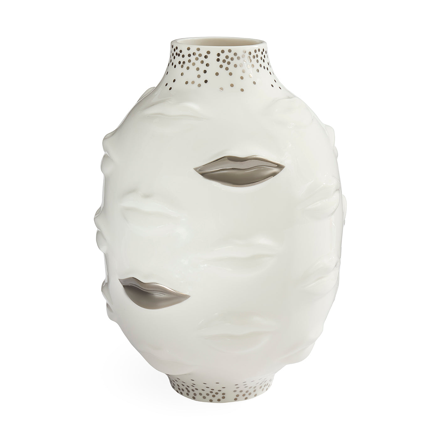 A white ceramic vase sculpted in the shape of a face with cutout eyes and mouth, featuring a dotted pattern on the neck and base, set against a plain white background.