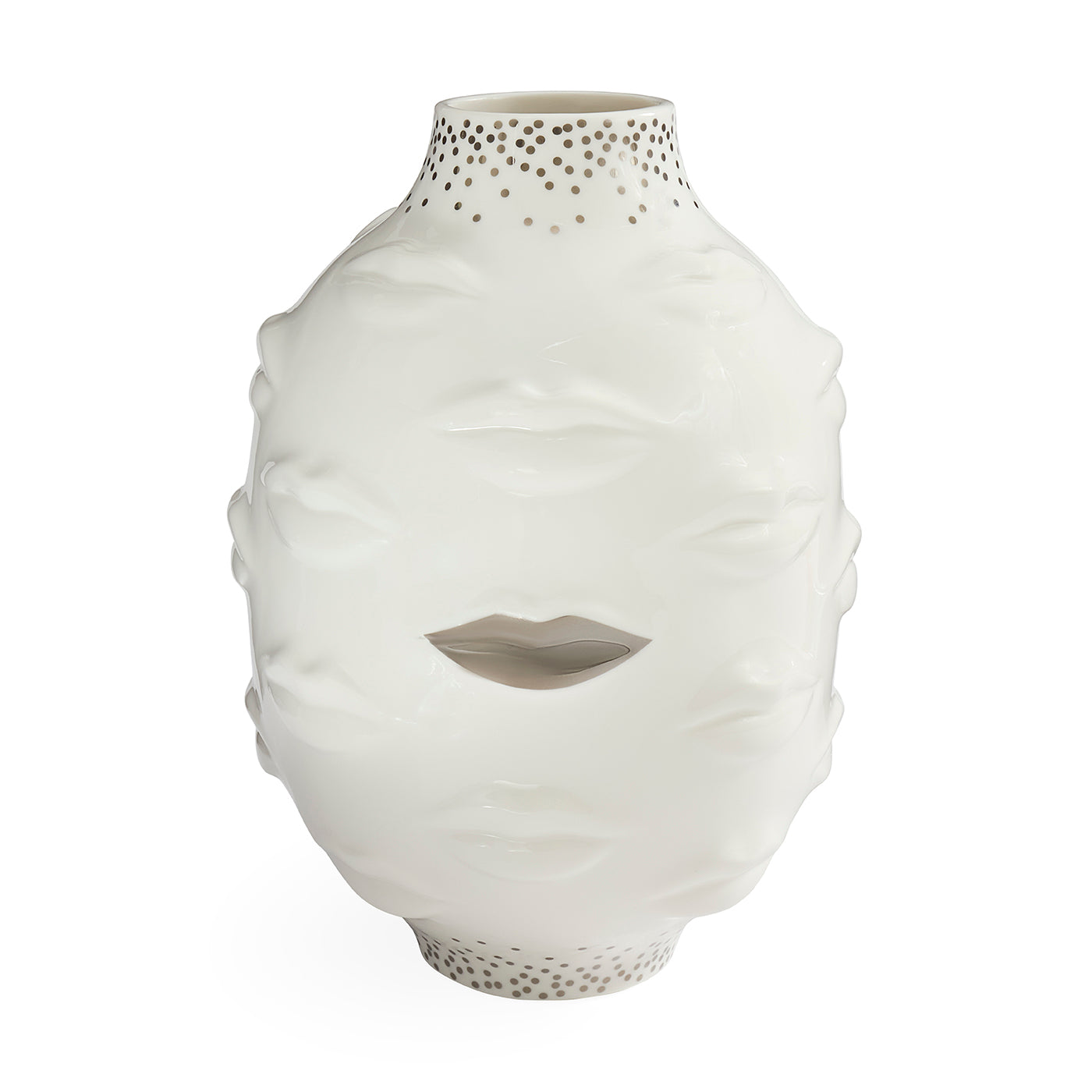 A white sculptural ceramic vase with a face-like relief design, featuring a cutout at the center of the mouth and small perforated dot details near the neck and base, shown on a plain white background.