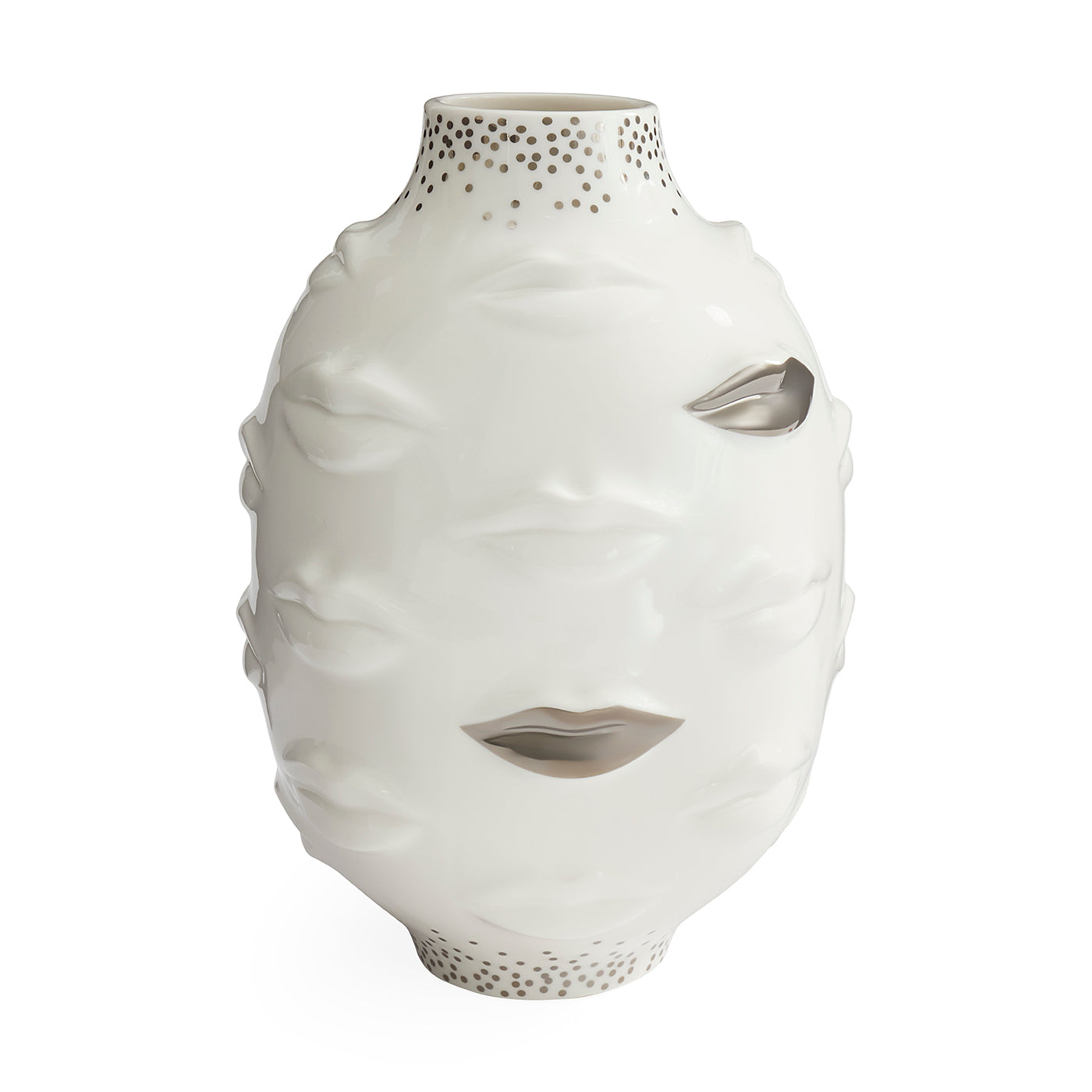 A white ceramic vase sculpted in the shape of a stylized face with cutout details for the eyes, nose, and mouth, featuring a dotted pattern on the neck and base.