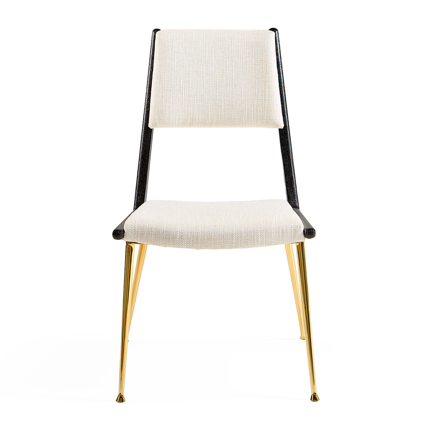 Chair with white cushioned seat and backrest, black frame, and gold legs on a white background