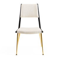 Chair with white cushioned seat and backrest, black frame, and gold legs on a white background
