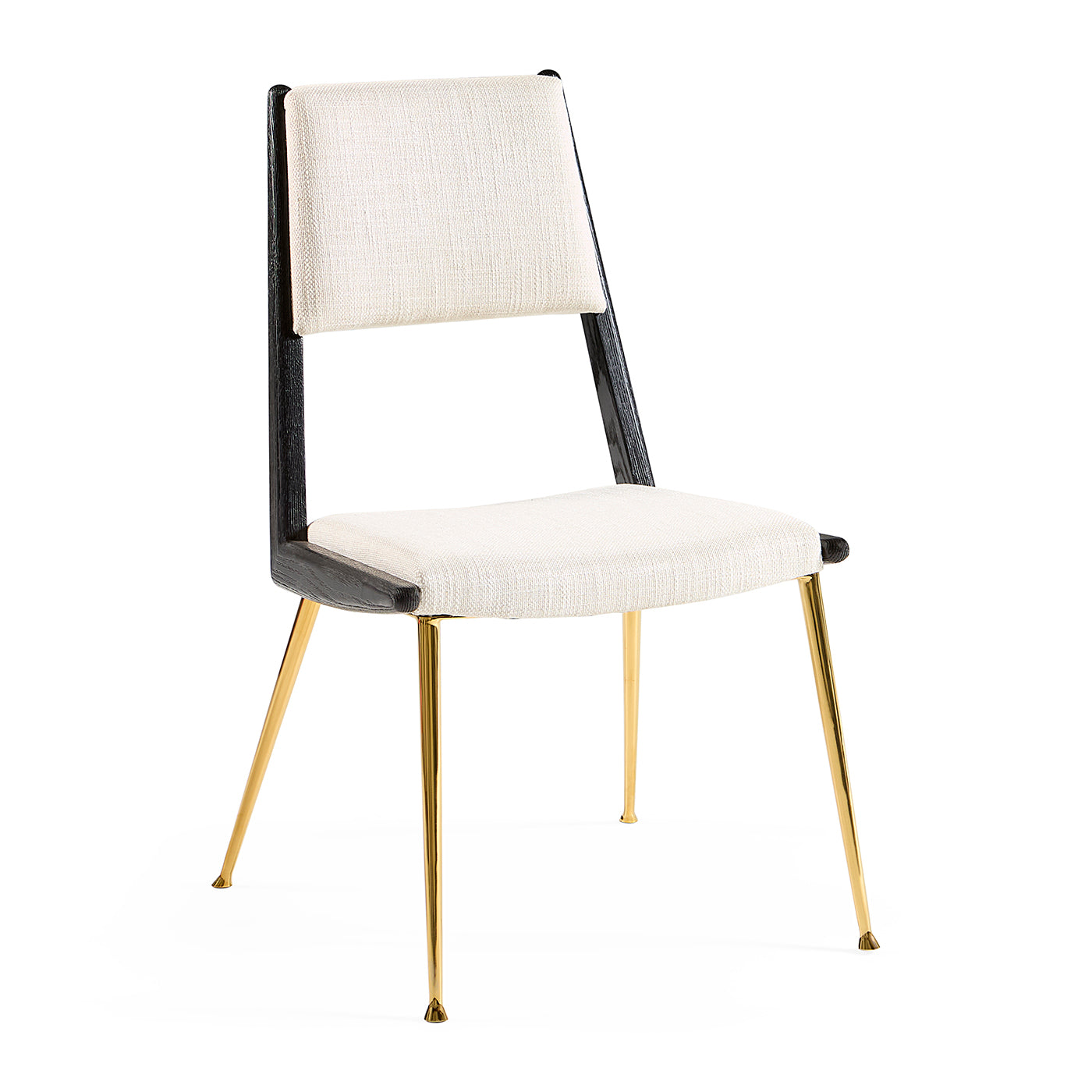Chair with white cushioned seat and backrest, black frame, and gold legs on a white background