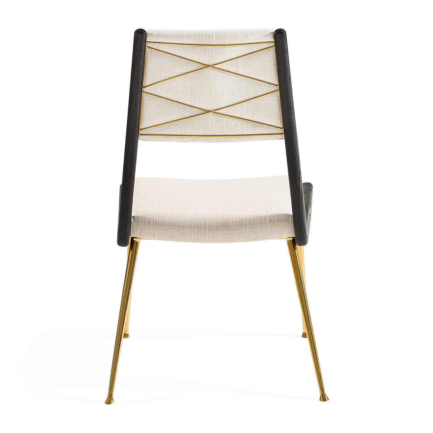 Chair with black frame, gold legs, and white seat on a white background