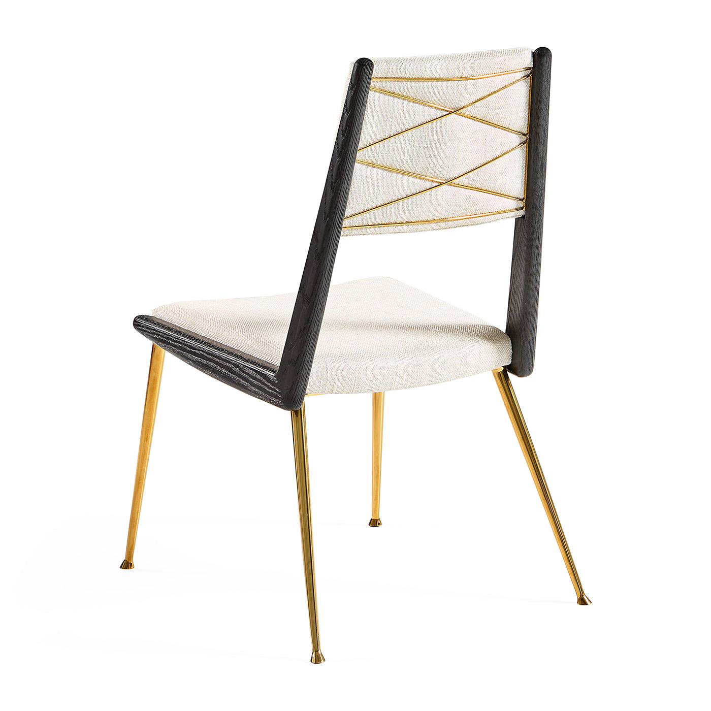Modern chair with black frame, gold legs, and white cushion on a white background