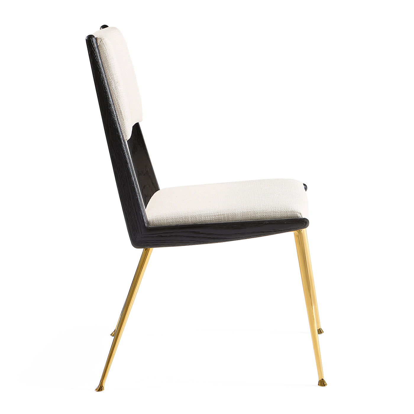 Modern chair with black frame, white cushion, and gold legs on a white background