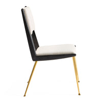 Modern chair with black frame, white cushion, and gold legs on a white background