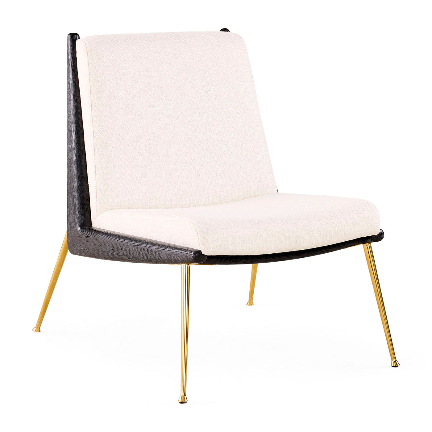 Modern chair with white cushion, black frame, and gold legs on a white background